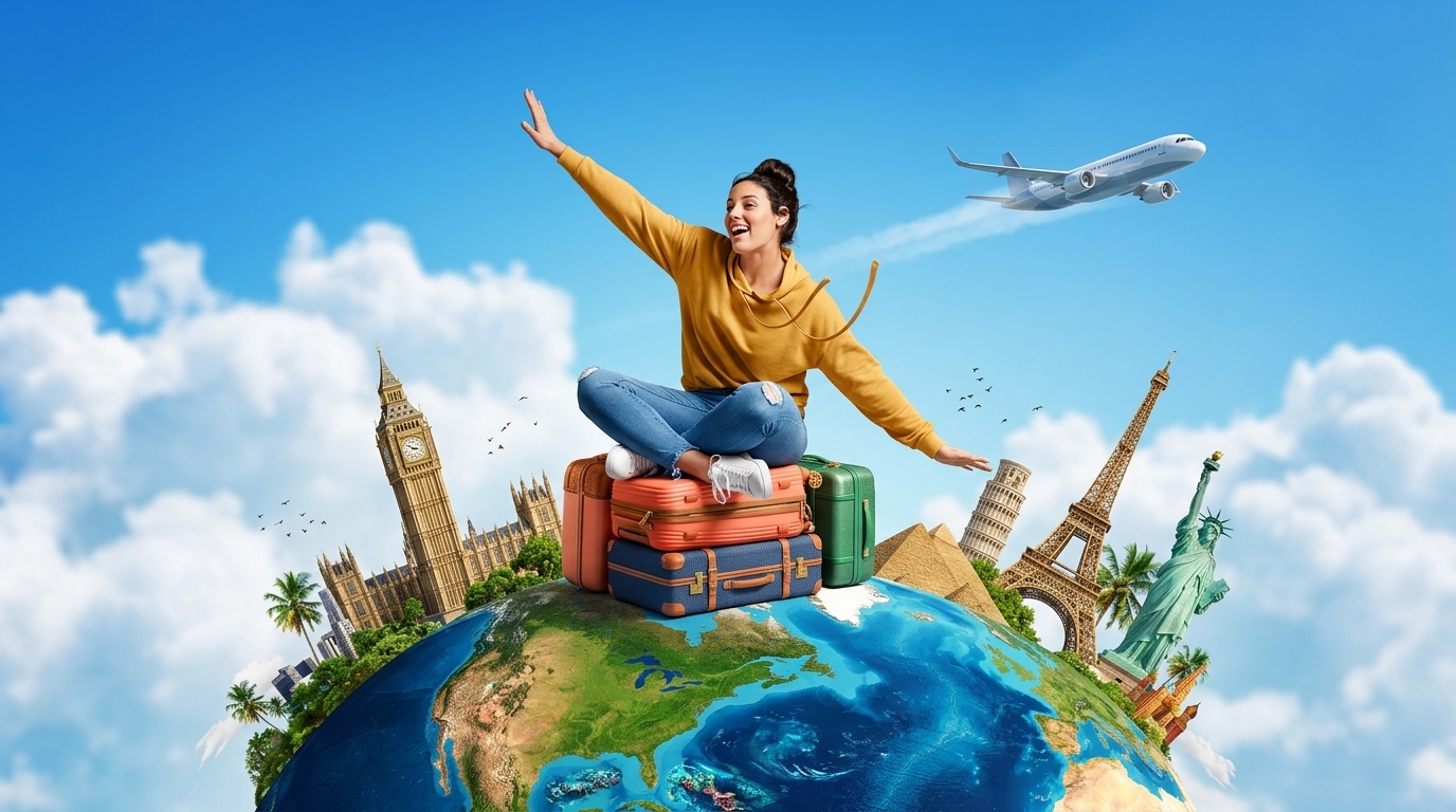 Student Celebrating Success atop Suitcase World Globe