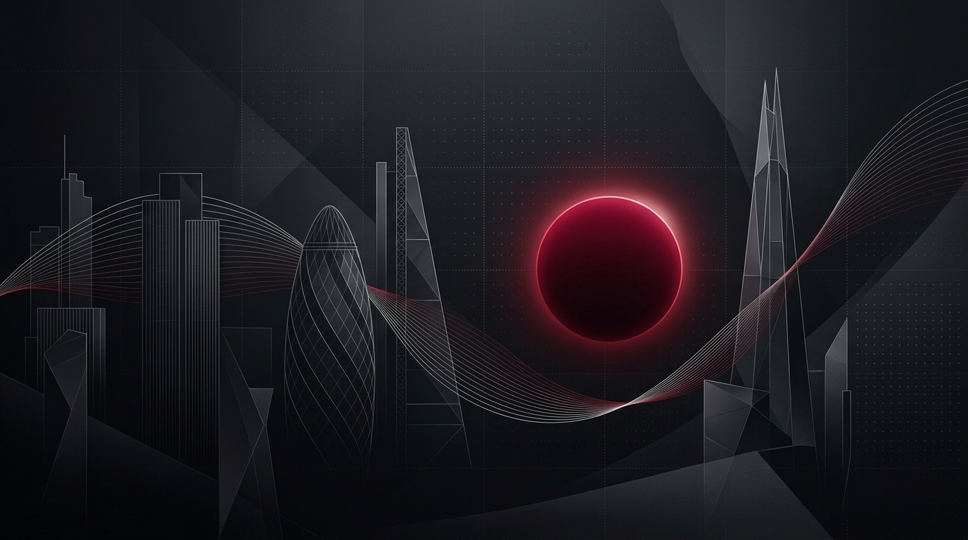 London Architectural Wireframe at Twilight with Glowing Crimson Orb