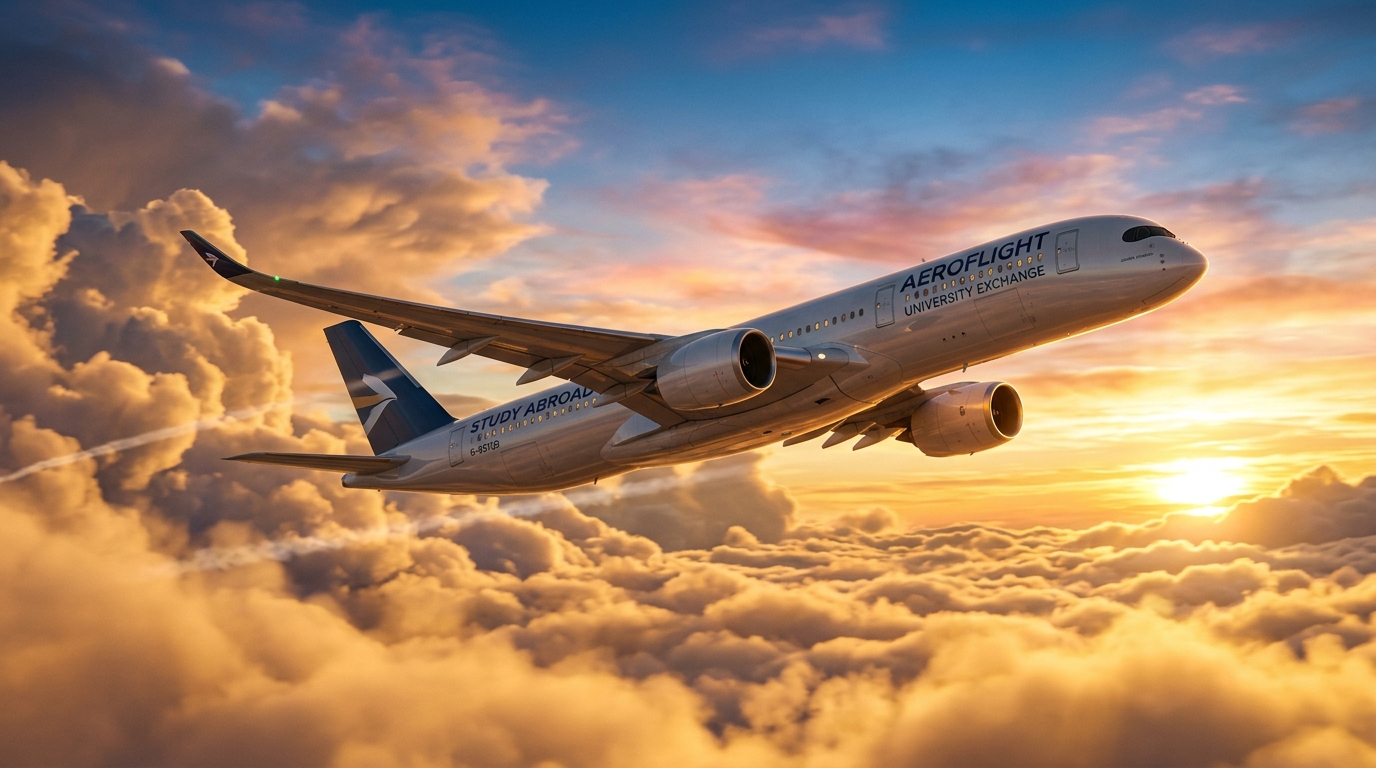 Aircraft breaking through golden clouds at sunset toward international university destination