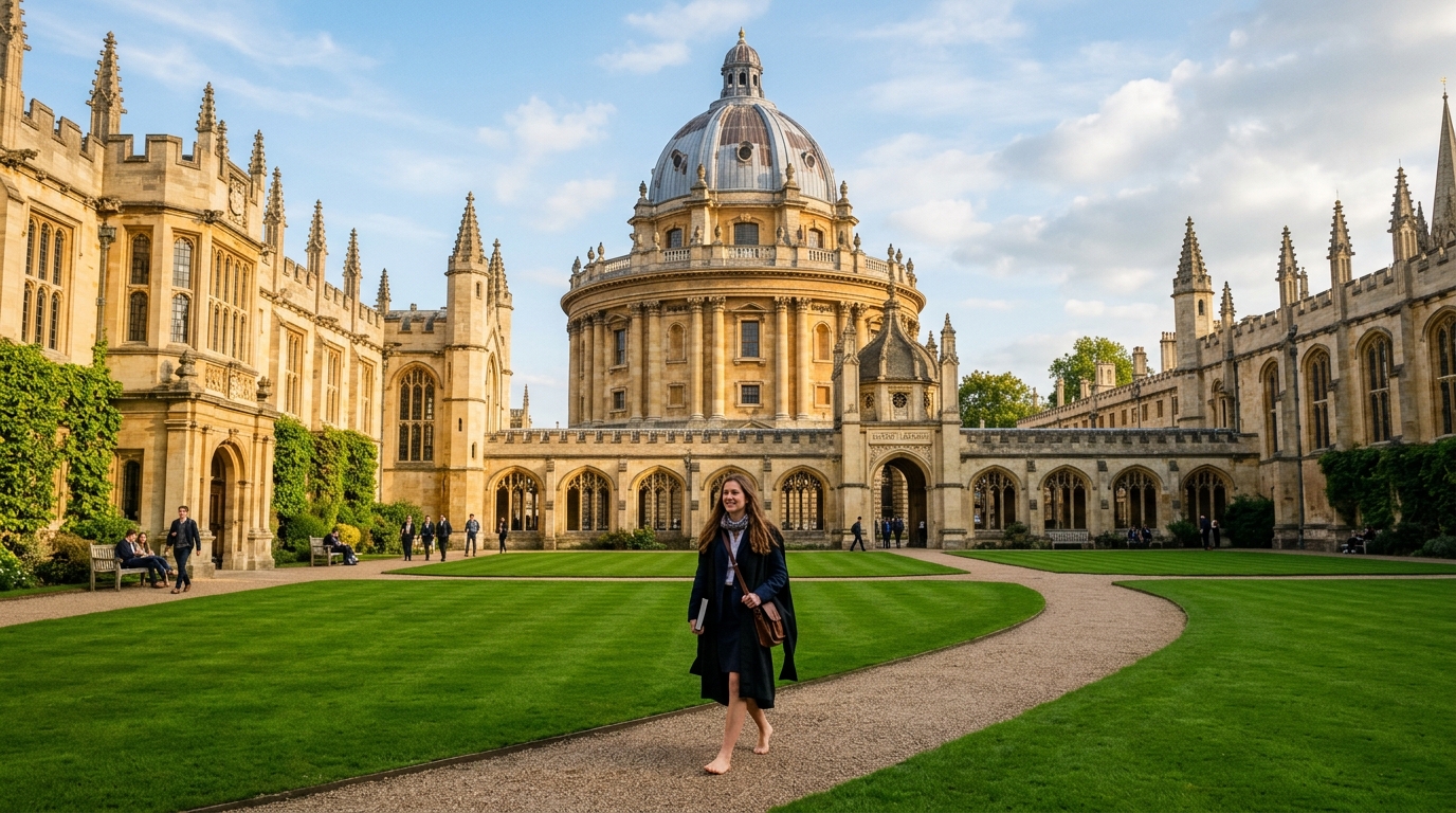 Graduate walking through Oxford University Radcliffe Camera Quad